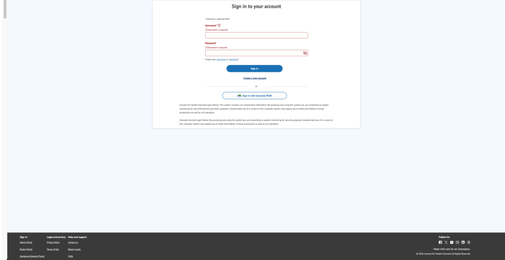 Centered sign-in dialog on a pale blue page showing Username and Password fields and a blue Sign In button with a Colorado PEAK sign-in option beneath.
