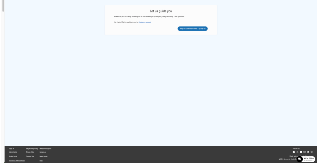 Centered white info card on a pale blue page saying 'Let us guide you' with explanatory text and a blue button labeled 'Help me understand what I qualify for'. A dark footer with links is visible at the bottom of the screen.