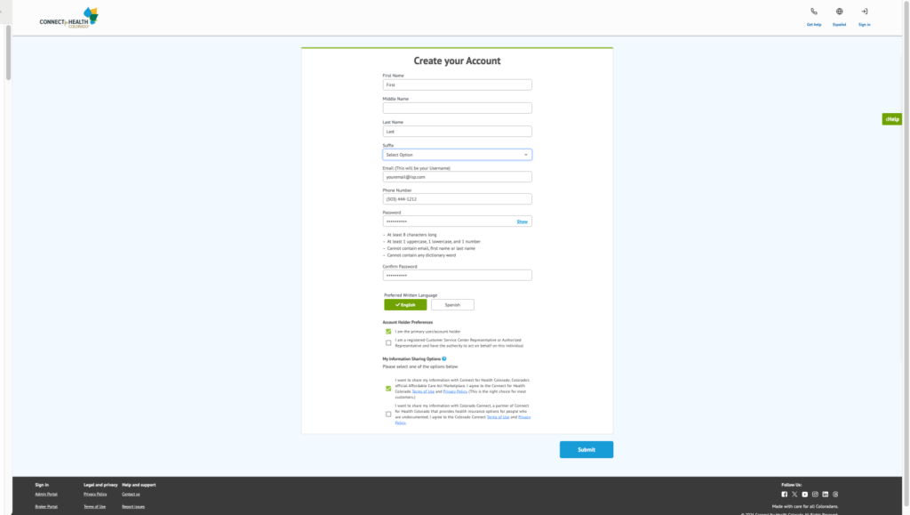 Centered 'Create your Account' form with fields for first/middle/last name, suffix, email, phone, password, language, and a blue 'Submit' button on a light blue page.