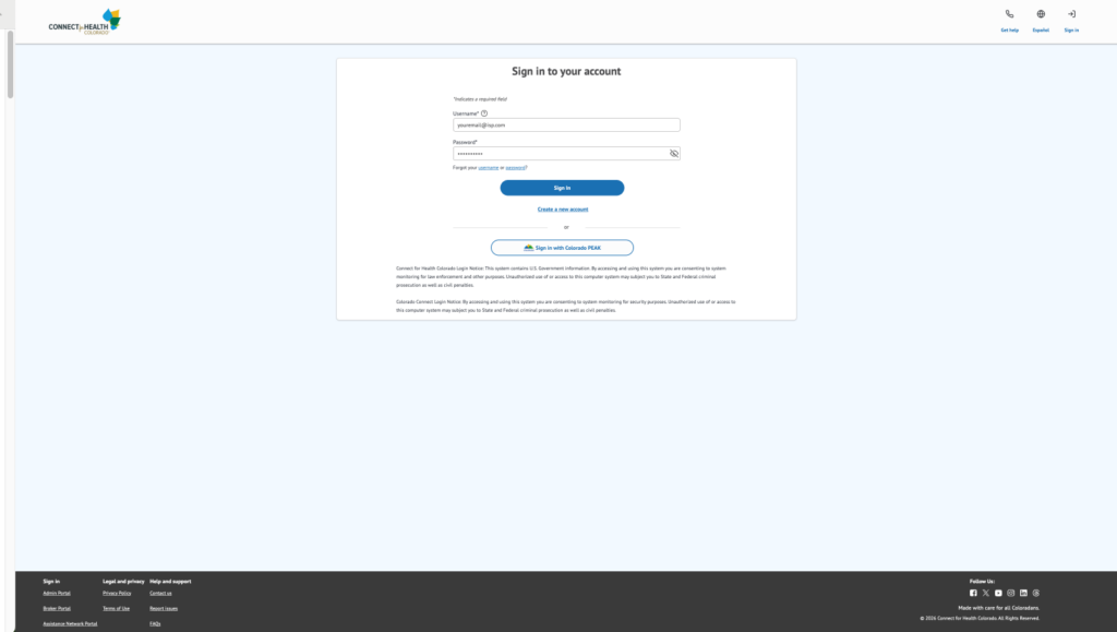 Login page for Connect for Health Colorado with username and password fields and a Sign In button centered on a light blue background.