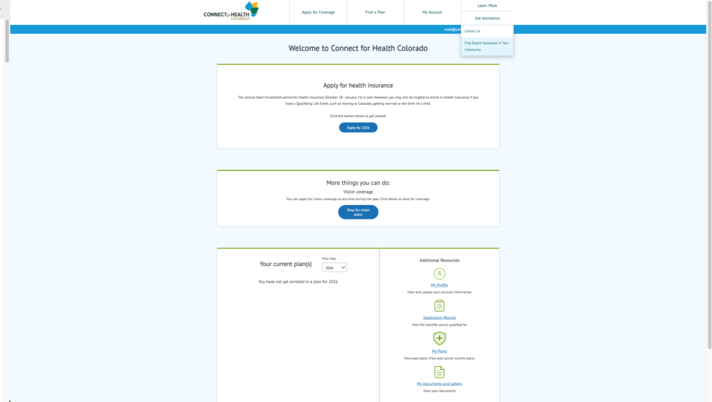Connect for Health Colorado homepage: welcome banner, two info cards for health insurance and vision plans, and a two-column panel showing current plans and additional resources.