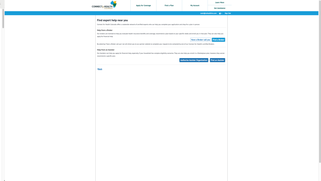Web page titled 'Find expert help near you' offering help options: 'Have a Broker call you', 'Find a Broker', 'Authorize Assister Organization', and 'Find an Assister' with brief descriptions of broker and assister help.