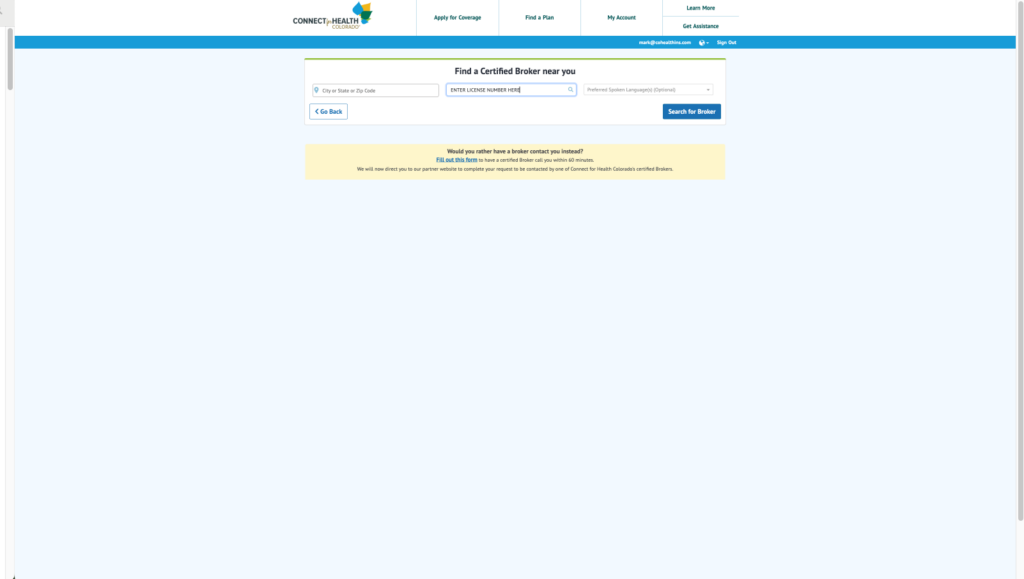Web page section titled 'Find a Certified Broker near you' with inputs for city/ZIP, license number, language, a 'Search for Broker' button, and a yellow notice box below.