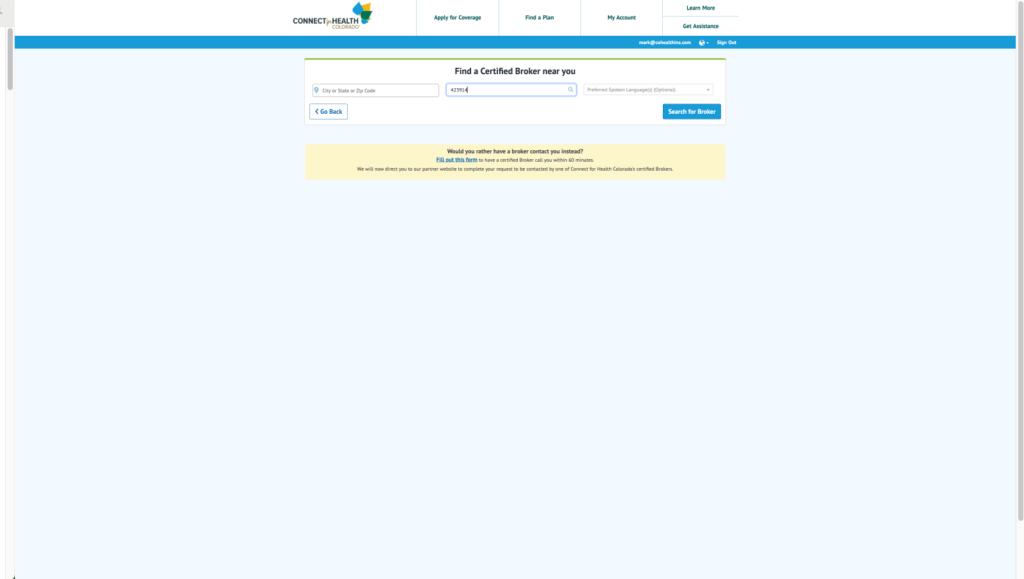 Find a certified broker near you: form with a City/State/ZIP field and a 'Search for Broker' button on a pale blue page header area.