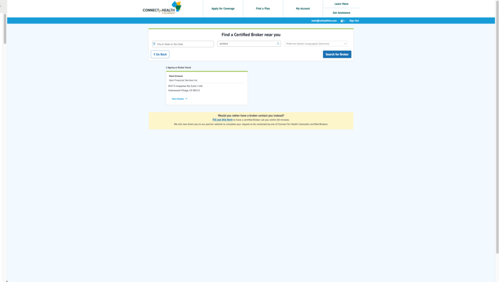 Screenshot of a broker search results page showing 1 broker found: Mark Erickson, Gain Financial Services Inc, Greenwood Village, CO. Yellow contact offer below.