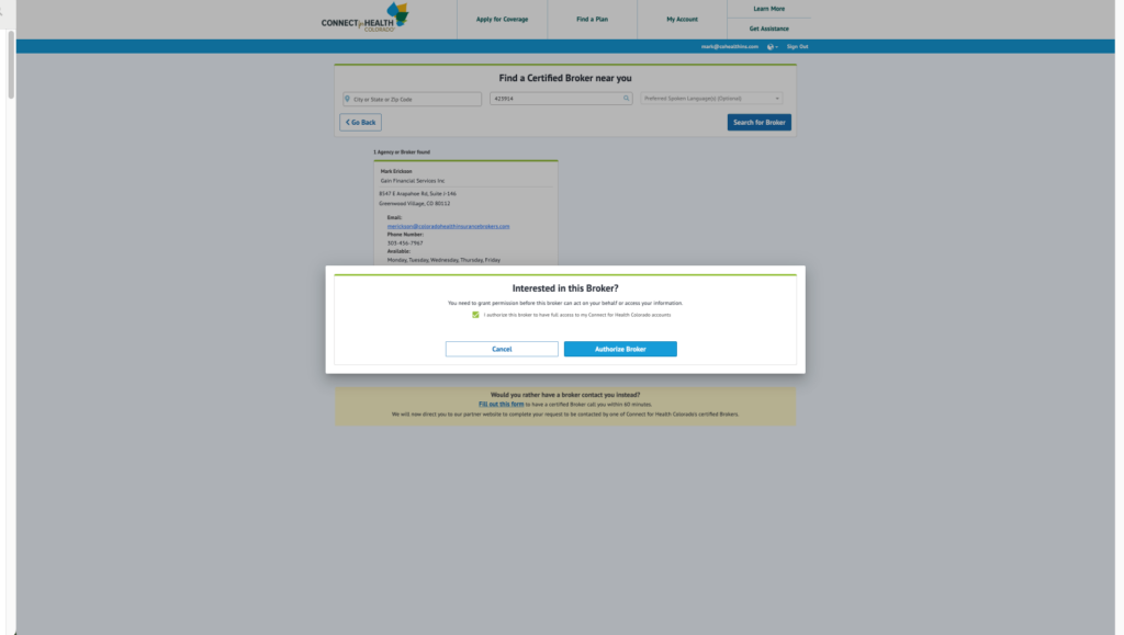 Centered consent dialog 'Interested in this Broker?' with a checkbox and Cancel/Authorize Broker buttons over a greyed broker finder page.