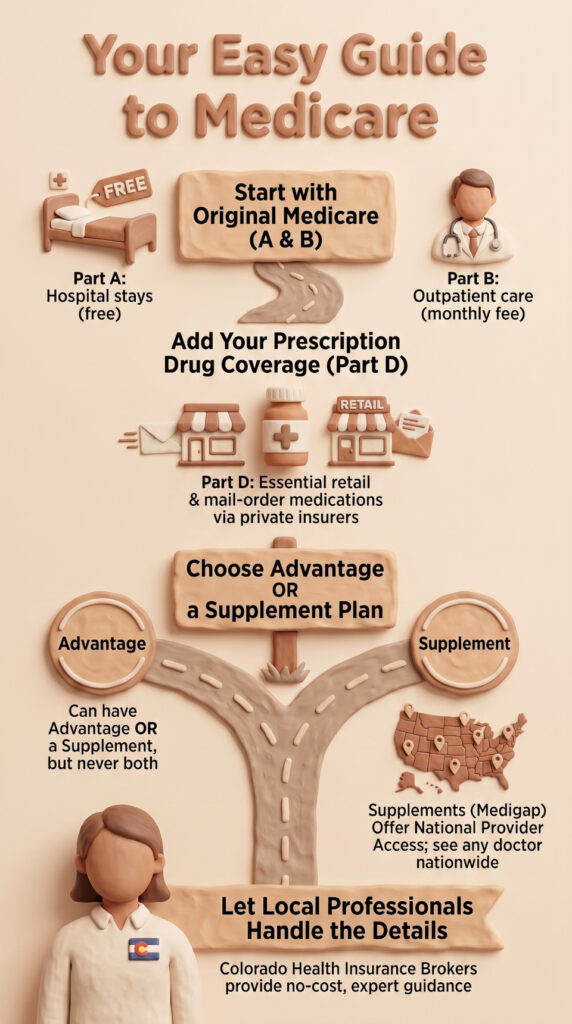 Infographic titled Your Easy Guide to Medicare outlining Parts A-D and guidance to let professionals handle the details, with icons for hospital stays, doctors, prescriptions, and retail meds in a beige 3D style.