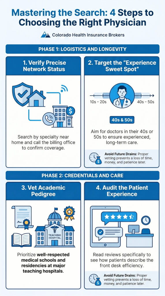 Selecting a suitable medical professional requires a strategic approach to ensure high-quality care and financial protection. This guide emphasizes the importance of verifying that a provider is within your insurance network by contacting billing departments directly. It suggests prioritizing doctors in the middle of their careers to balance clinical experience with long-term availability. Furthermore, evaluating a physician's educational pedigree and residency at prominent teaching hospitals can serve as a benchmark for expertise. Finally, the text highlights that reading patient reviews regarding office staff is vital for avoiding logistical frustrations. Following these steps helps patients secure a supportive healthcare experience while protecting their time and resources.