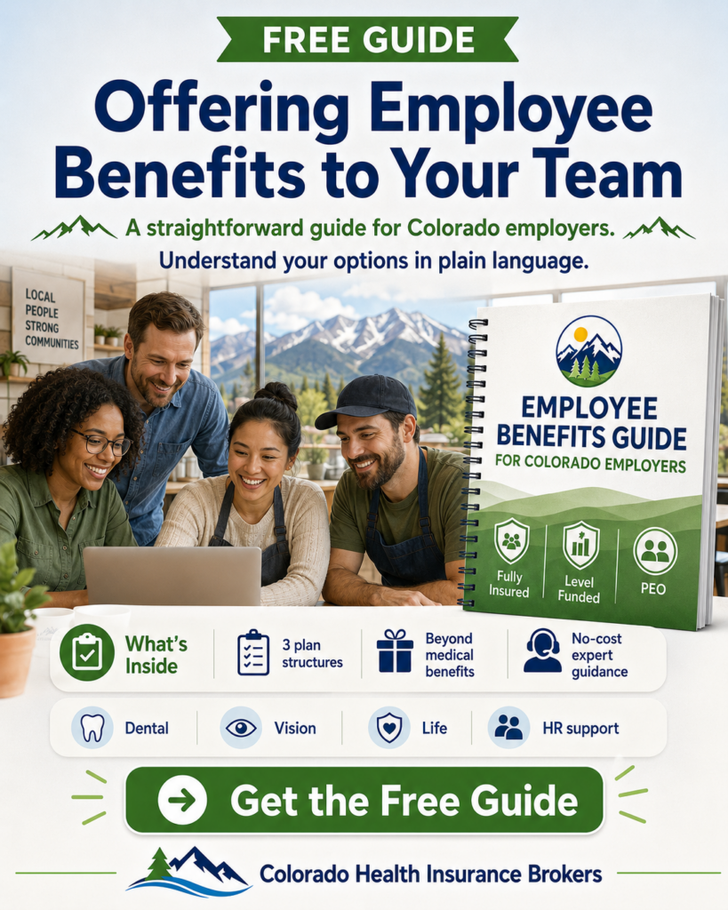 Group of four coworkers gathered around a laptop, smiling at a guide titled 'Employee Benefits Guide for Colorado Employers' with a large 'Free Guide' banner overhead.