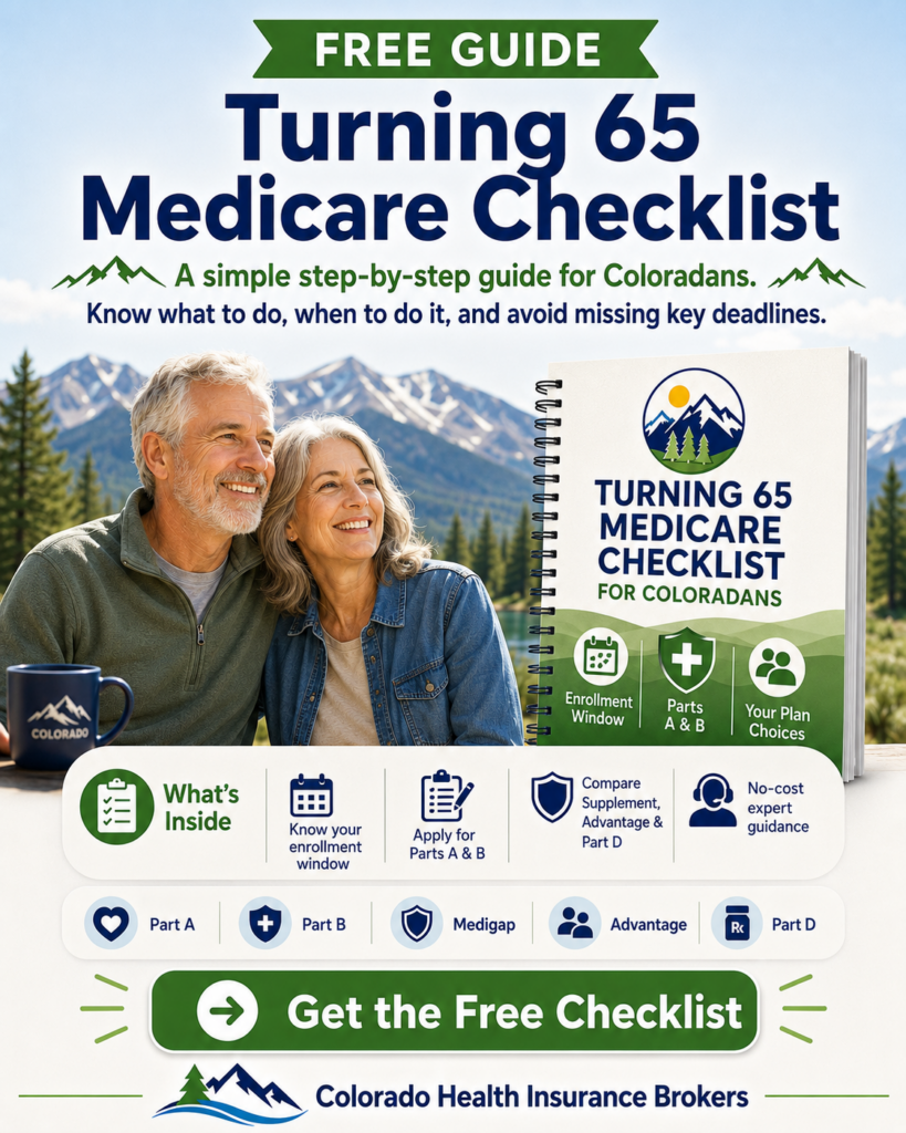 Cover image for a free guide: 'Turning 65 Medicare Checklist' with a happy older couple outdoors by mountains and a spiral notebook titled the same.